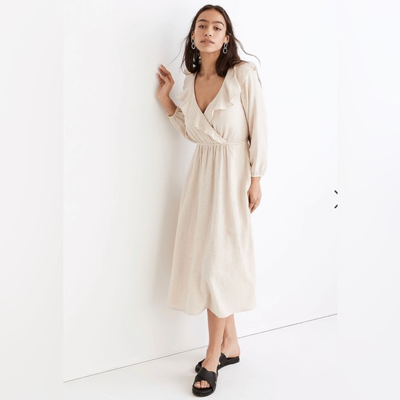 NWT Linen Cotton Ruffle Neck Midi Dress - Picture 2 of 6